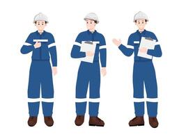 Set of industrial workers or engineers in blue safety uniform and hard hats. Different poses with clipboard. vector