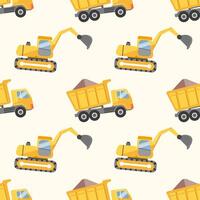 Seamless pattern of yellow cartoon excavators and loaded dump trucks on a light background. vector