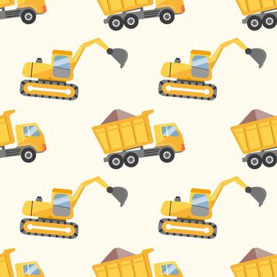 Seamless pattern of yellow cartoon excavators and loaded dump trucks on a light background.