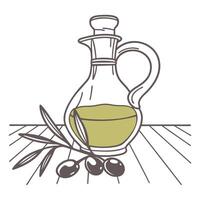 Glass jug of olive oil and olive branch. Natural products. Hand drawn sketch illustration. vector