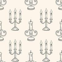 Seamless pattern with hand drawn vintage candelabra with lit candles. Sketch background. vector