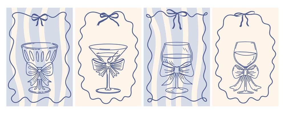Hand drawn whimsical greeting cards with elegant wine glasses with bows in vintage ribbon frames. Sketch in doodle style.