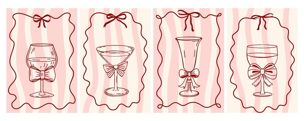 Hand drawn whimsical greeting cards with elegant wine glasses with bows in vintage ribbon frames. Sketch in doodle style