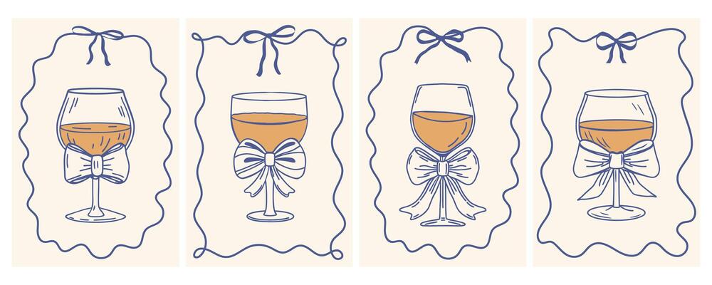 Hand drawn whimsical greeting cards with elegant wine glasses with bows in vintage ribbon frames. Sketch