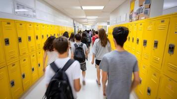 High school students transitioning between classes in busy hallway photo