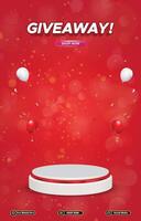 giveaway sale discount portait template banner with blank space 3d podium for social media post product sale with abstract gradient red background design vector