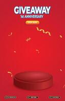 giveaway sale discount portait template banner with blank space 3d podium for social media post product sale with abstract gradient red background vector