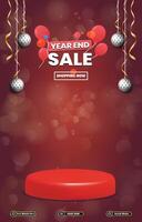 end of year sale discount portait template banner with blank space 3d podium for social media post product sale with abstract gradient red background vector