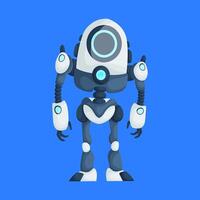 Cartoon illustration of a futuristic robot featuring a circular head, claw-like hands, and a sleek blue and white design on a blue background. vector