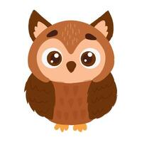 Charming cartoon illustration of a brown owl with big eyes, fluffy feathers, and an adorable expression on a white background. vector