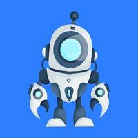 Futuristic cartoon robot illustration featuring claw-like hands, a circular face screen, and an antenna, set against a blue background. vector
