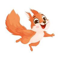 A playful cartoon squirrel with a bushy tail jumping energetically, showcasing a wide smile and cheerful expression on a white background. vector