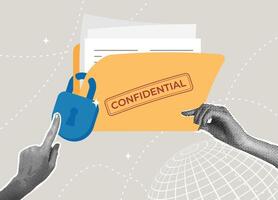 Trendy halftone collage. Confidential information protection concept, data security. Document security concept, accessibility control concept. illustration vector
