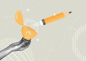 Trendy halftone collage. Creative idea generation concept using a pencil and a light bulb. Concept of new idea generation, invention, inspiration,genius idea, content writing. illustration vector