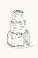 Elegant three tier cake with berries. Hand-drawn illustration in the style of pencil sketch .Sketch congratulations, poster, invitation in retro style.Line art vector