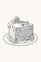 A piece of cake with berries and whipped cream. Hand-drawn illustration in the style of pencil sketch .Sketch congratulations, poster, invitation in retro style.Line art vector