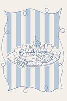 Doodle style poster. Salmon steak with lemon and salad on a plate. Retro style poster sketch. vector