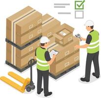 Two workers in safety vests and helmets check inventory in warehouse, surrounded by stacked cardboard boxes and pallet jack vector