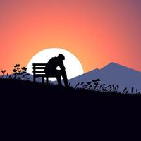 A man sits on a bench in a field with a sunset in the background vector