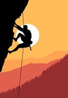 A daring rock climber ascends a rugged cliff face under clear skies, equipped with ropes and harness, showcasing strength, focus, and the thrill of conquering vector