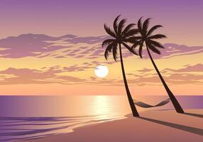 A beautiful sunset over the ocean with palm trees in the background vector