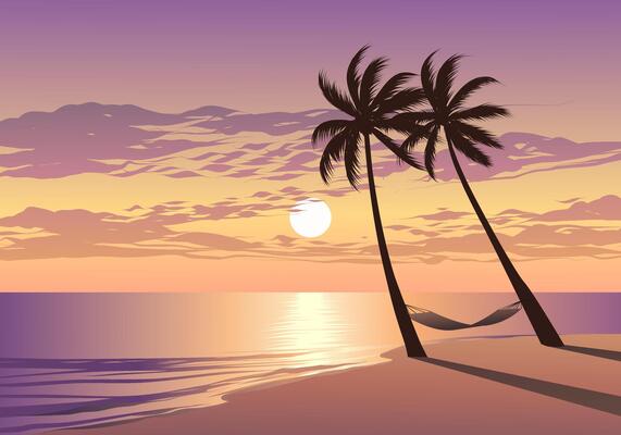 A beautiful sunset over the ocean with palm trees in the background