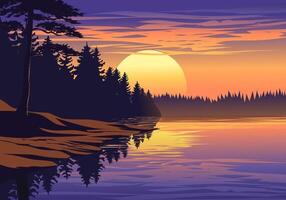 Calm sunset at riverside with forest in the background vector