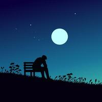 A man sits on a bench in a field at night with full moon in the background vector