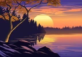 A beautiful sunset over a lake with a tree in the foreground. vector