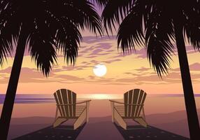 Two beach chairs are facing the ocean. The sun is setting in the background. The chairs are empty vector