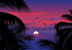A sunset over the ocean with palm trees in the background vector