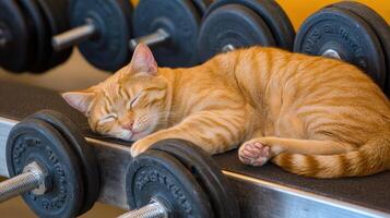 Gym Cat Nap A Ginger Tabby Snoozes Amongst Weights after a Workout photo