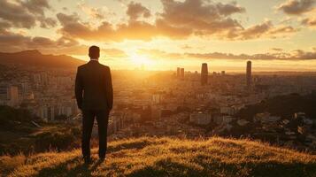 Contemplating the Metropolis Man Gazing Over Cityscape at Sunset photo