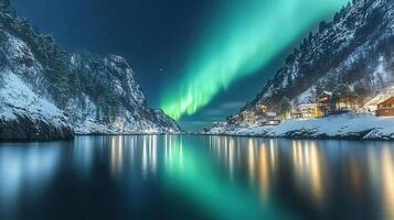 Winters Dance Aurora Borealis over Still Waters in a Tranquil Village Scene photo