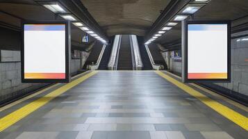 Subway Platform with Billboards Blank Canvas for Urban Advertising Potential at Transit Hub photo
