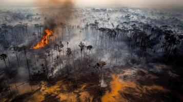 Devastation in the Forest A Fire Burns Amidst Dense Smoke Deforestation and Destruction photo