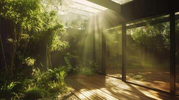 SunDrenched Serenity A Modern Garden Oasis with Lush Greenery and Bright Sunlight photo