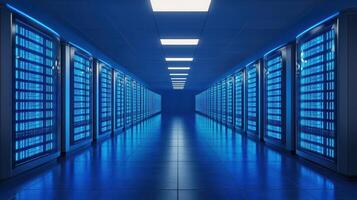 Futuristic Server Room Glowing Data Centers in a Bluelit Corridor High Tech Infrastructure and Server Storage photo