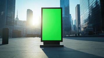 Blank Green Screen Billboard in Cityscape with Skyscrapers and Sunny Skyline photo