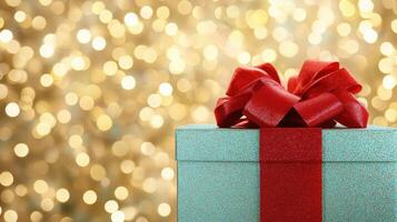 Sparkling Gift Festive Aqua Box with Red Ribbon Against Golden Bokeh Lights photo