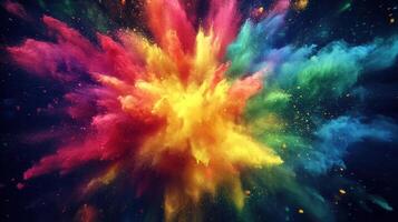 Explosion of Color A vibrant cloudburst of vivid pigments on a dark canvas creating a spectacular spectacle photo