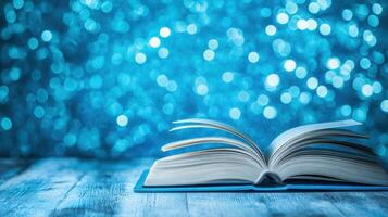 Open Book on Blue Wood with Bokeh Background A Study in Light Knowledge and Serenity photo