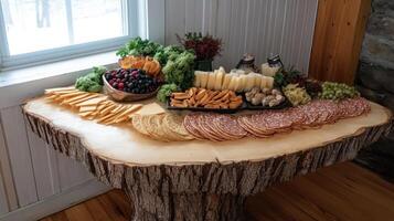 Rustic Charcuterie Feast Wood Table Laden with Cheese, Crackers, Salami, Berries, and Savory Delights photo
