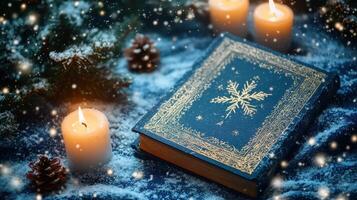 A Winters Tale Book Candles and Snowflakes Conjure a Cozy Holiday Setting photo