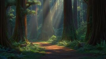 Sunlit Path Through Ancient Trees A Lush Forest Trail photo
