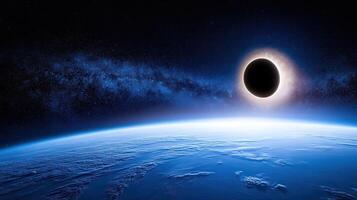 Cosmic Dance Earth, Eclipse, and the Milky Way's Embrace in the Vastness of Space photo