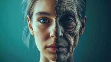 Duality of Age Young and Old Face Blend A Reflection on Times Passage Mortality and Beauty photo