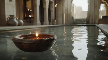 Tranquil Candlelit Bath Reflections in Still Water within an Ancient Structure photo