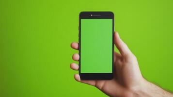 Smartphone with Green Screen Held in Hand against Green Background Technology Communication photo