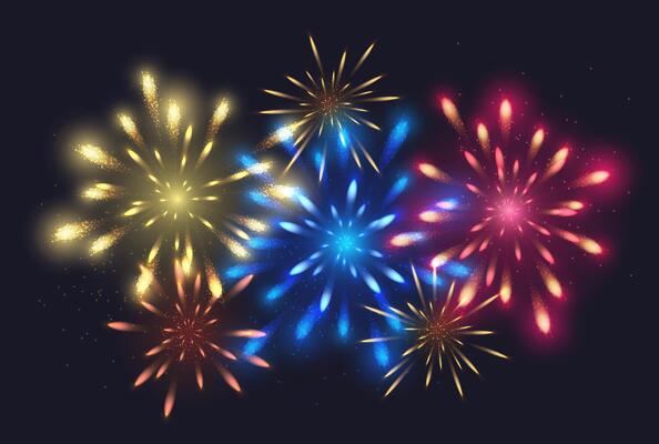 Bright festive fireworks bursting in the night sky with glowing sparks and colorful light trails. Celebration background for events, holidays, parties, and New Year festivities